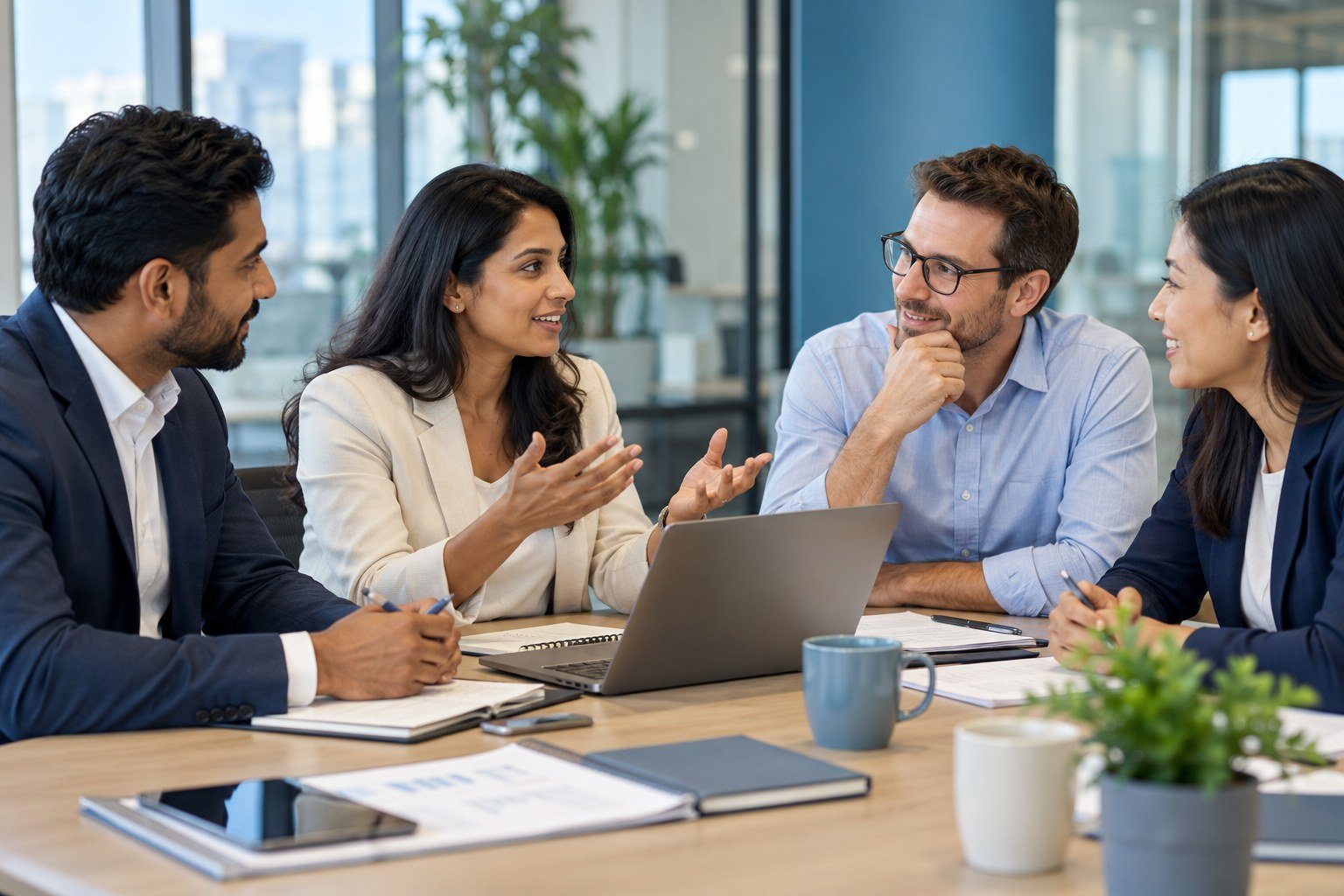 Professional men and women collaborating in a bright modern office